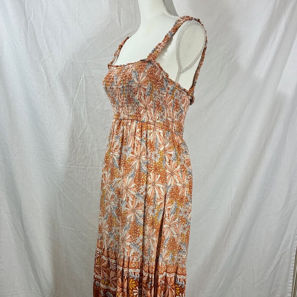 Becool Womens Floral Smocked Maxi Dress Orange Rust Boho Tiered‎ Rayon M 82738
